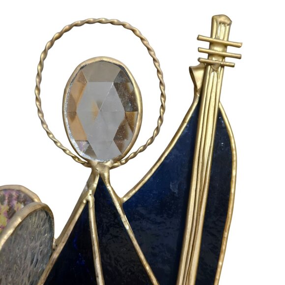 Vintage Stained Glass Angel Figurine AS IS Guitar Music Musician Blue Brown - Picture 10 of 16